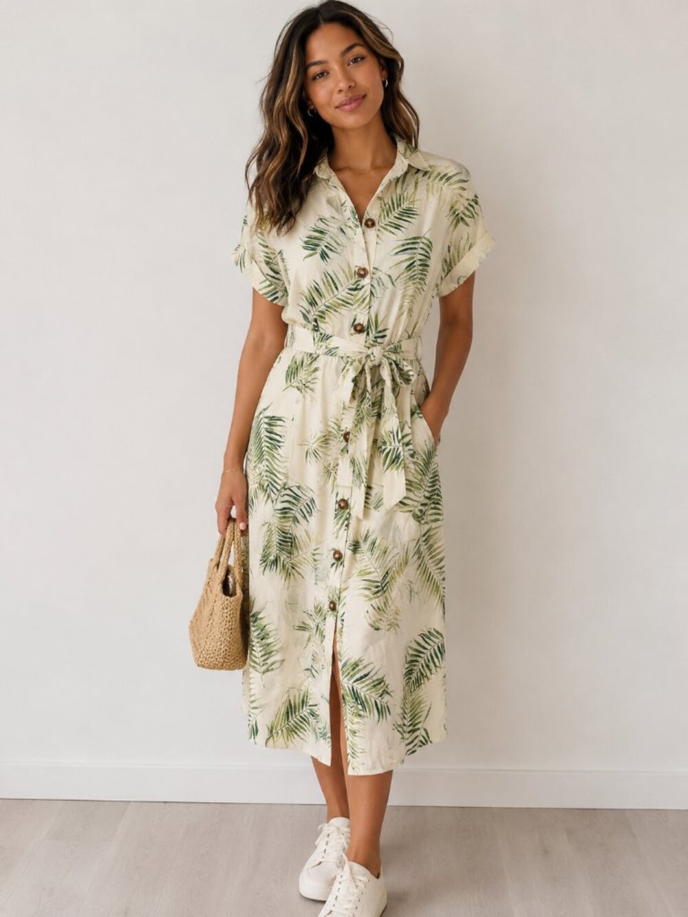 H&M Cream Palm-Print Casual Button-Down Shirt Dress